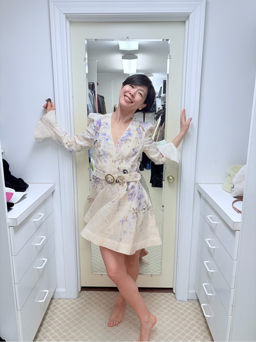 NWOT Zimmermann Cream Linen Dress with Lavender Floral, Size AU 1 = S